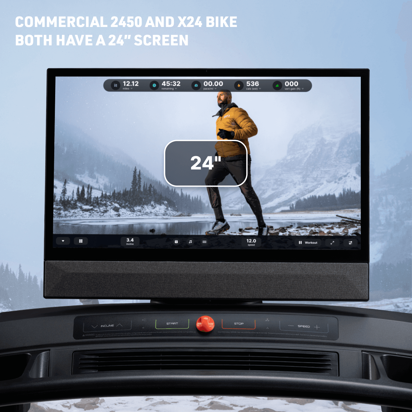 A close shot of the Commercial 2450 Treadmill's 24" touchscreen featuring winter workout content.