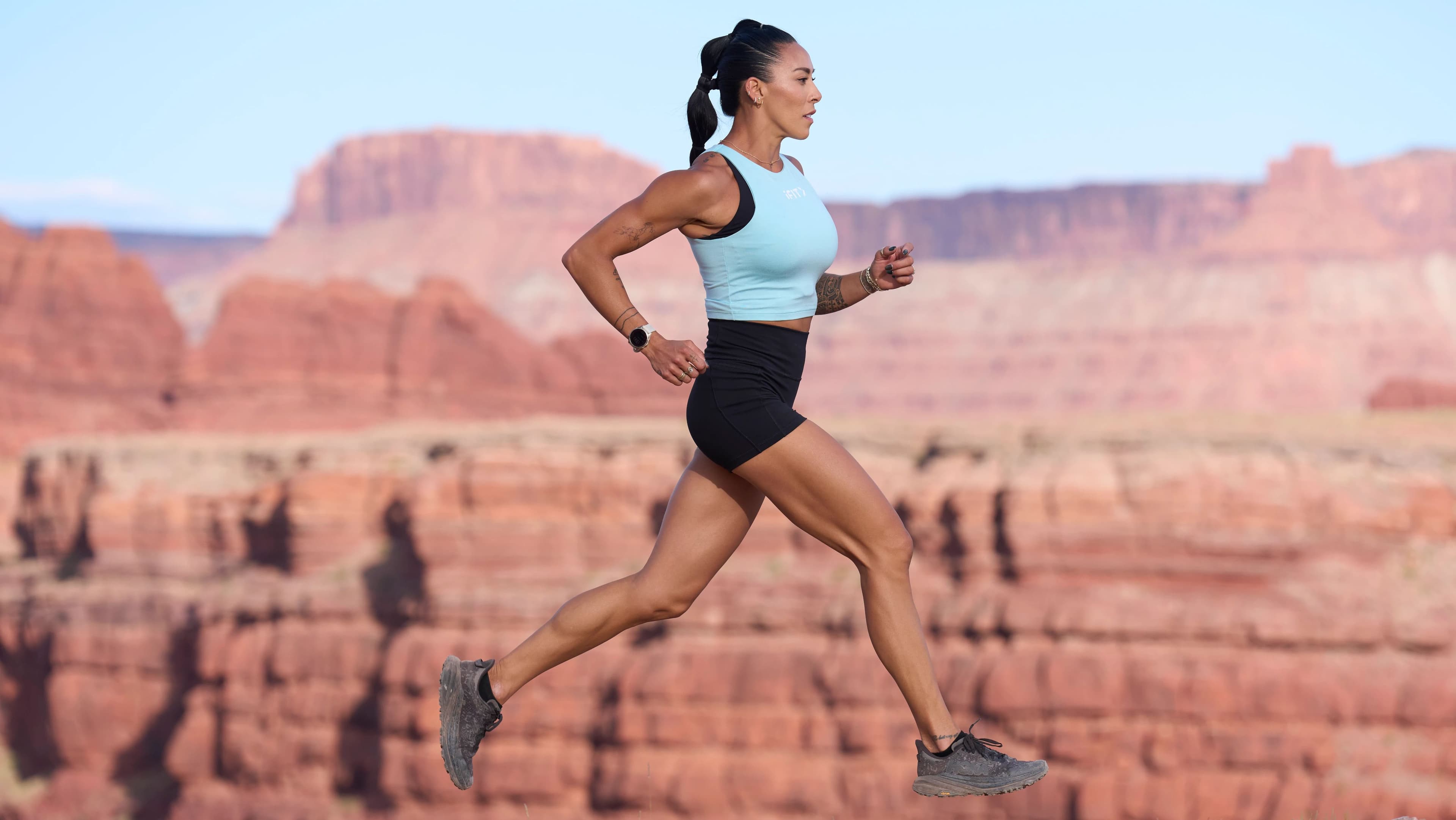 iFIT trainer Hannah Eden leads high-intensity training filmed on real terrain, the same footage that guides your workout on a compatible NordicTrack treadmill.