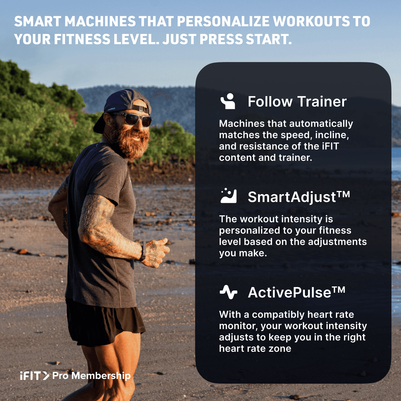 iFIT Trainer Tommy Rivs Puzey is shown in the background of this image breaking down the features Follow Trainer, SmartAdjust, and ActivePulse.