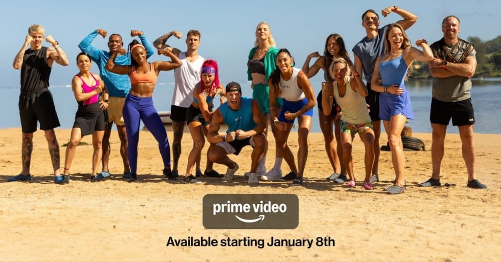The cast of Trainer Games Season 1 posing outdoors, promoting the Prime Video and iFIT fitness competition series launching January 8, 2026.