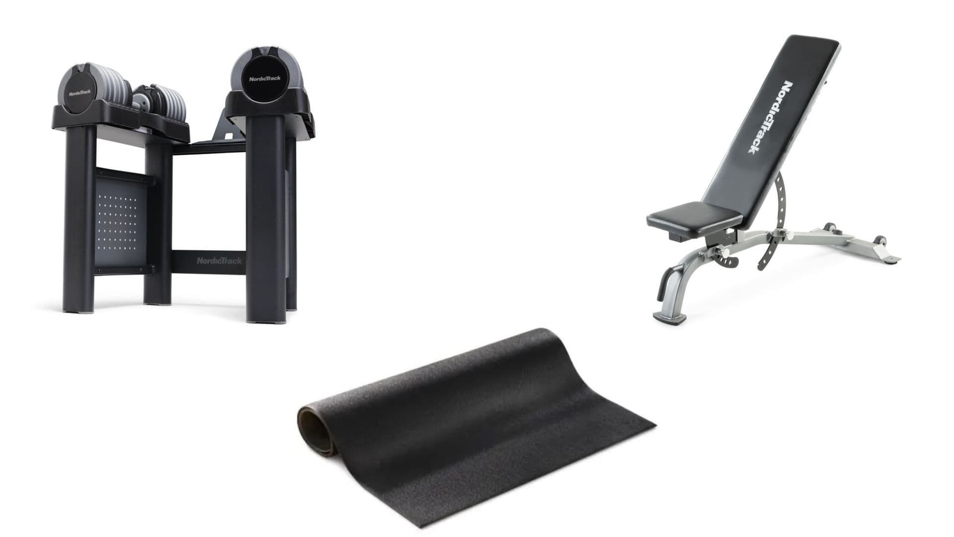 NordicTrack Select-A-Weight Dumbbells, dumbbell stand, adjustable bench, and floor mat grouped together, wrapped with a gold bow.