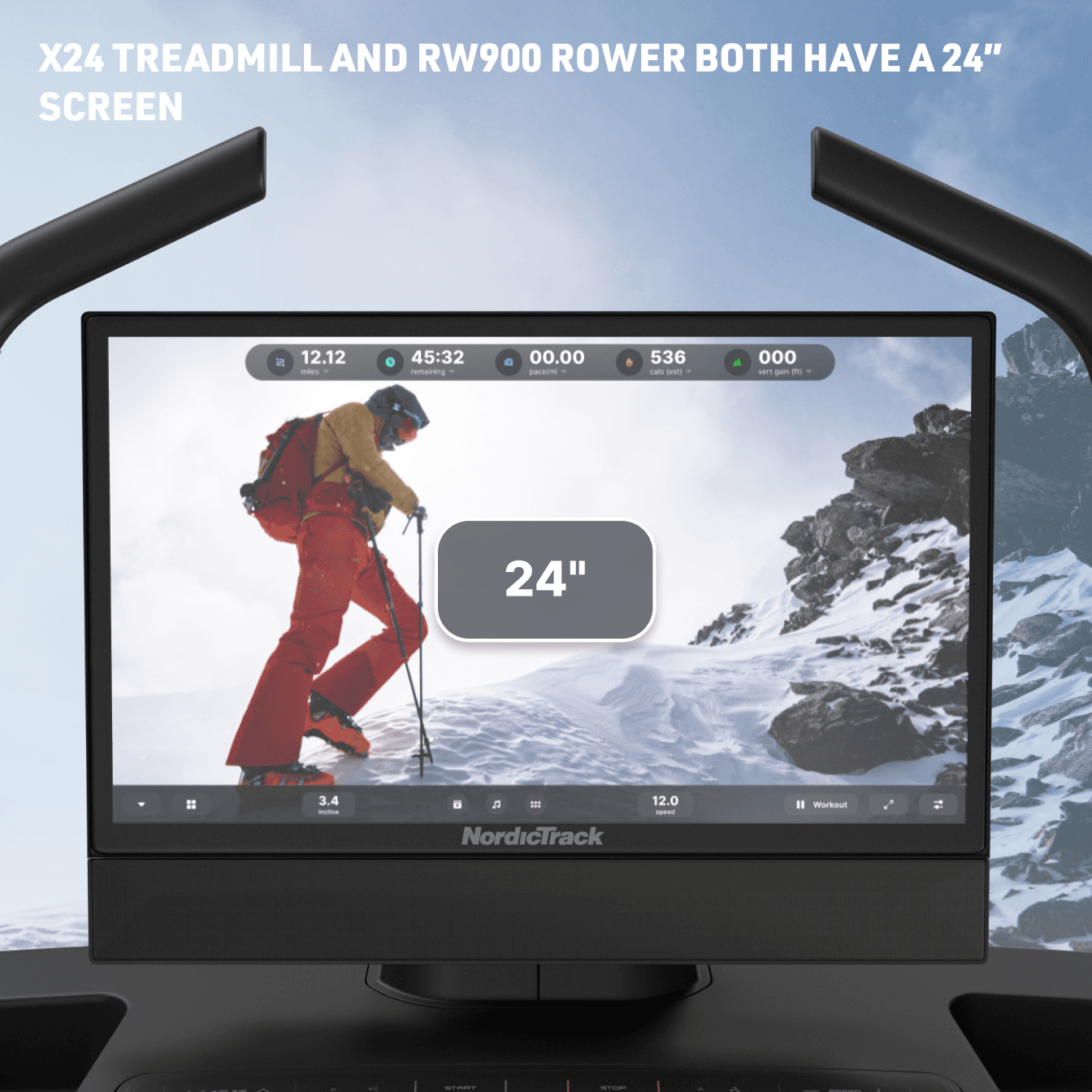 A close shot of the X24 Treadmill's 24" touchscreen featuring winter workout content.