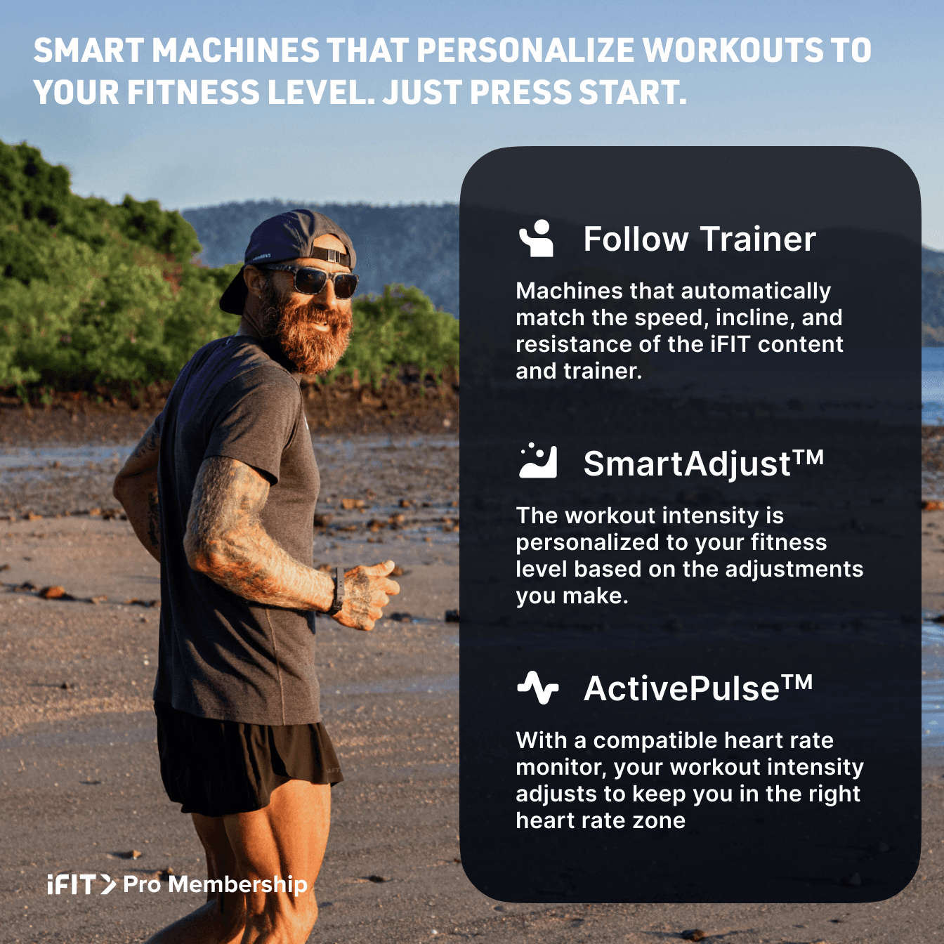iFIT Trainer Tommy Rivs Puzey is shown in the background of this image breaking down the features Follow Trainer, SmartAdjust, and ActivePulse.
