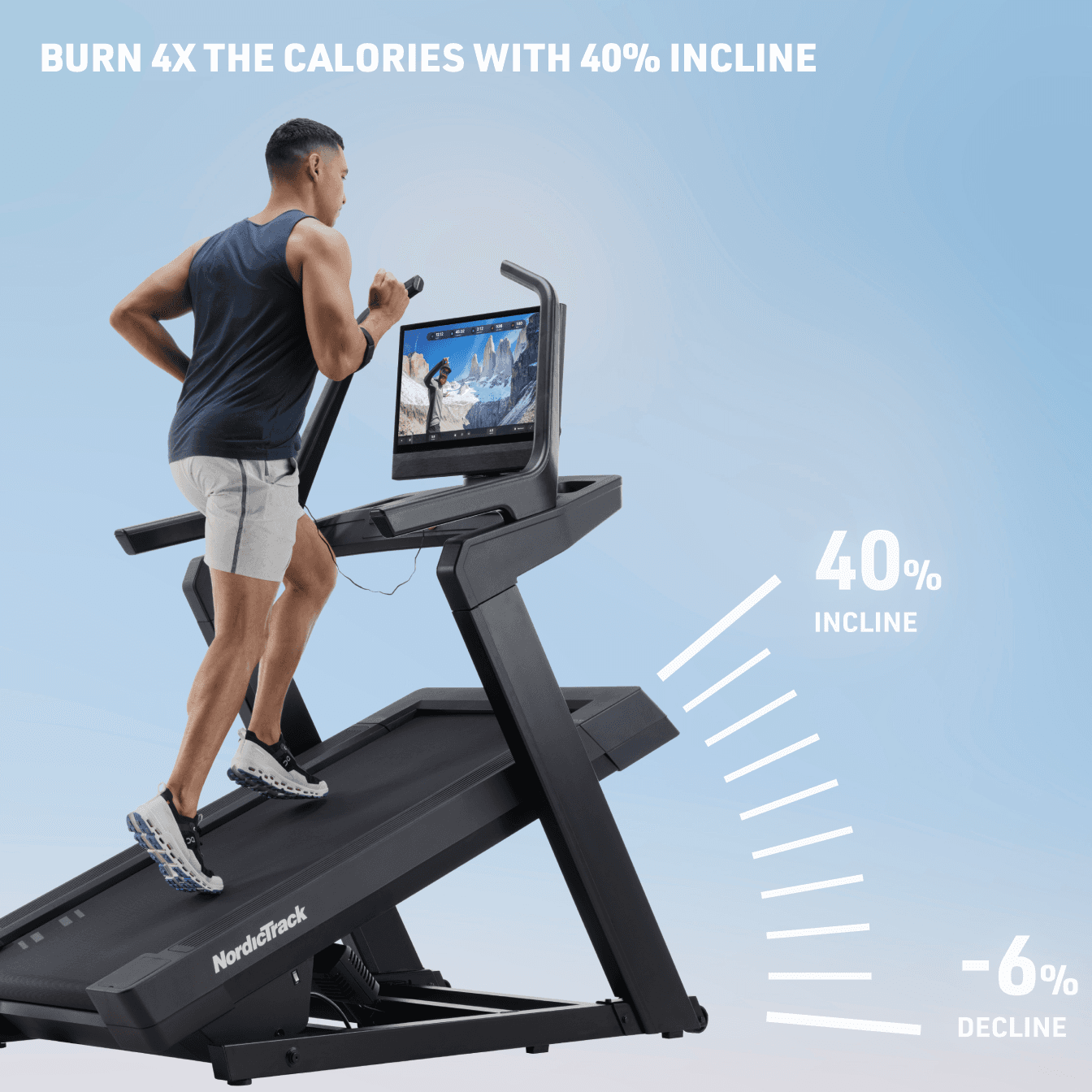 A man running at an incline of the X24 Treadmill with graphics indicating its 40% incline to -6% decline.