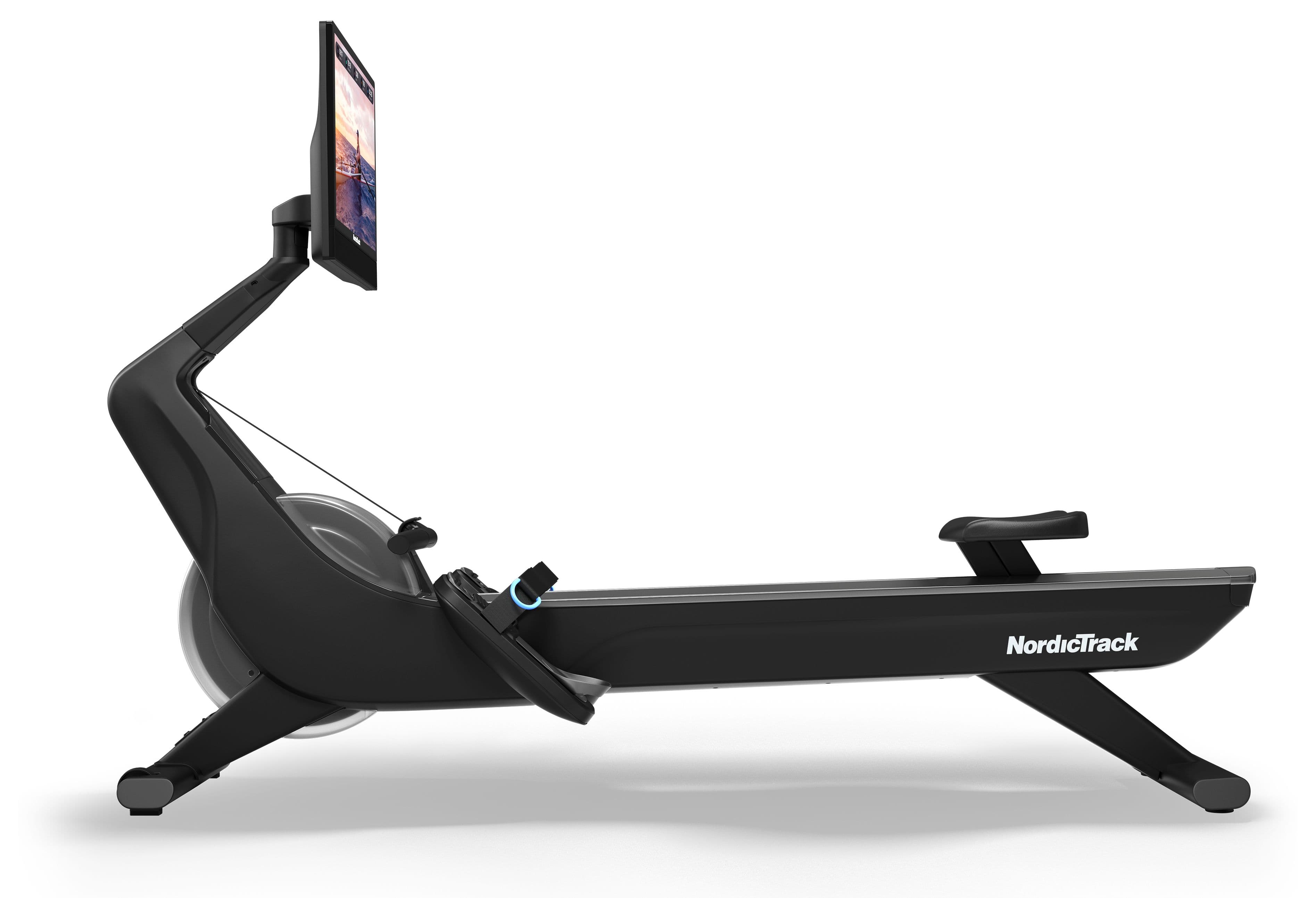 NordicTrack RW900 Rower with a 24 inch pivoting touchscreen, wrapped with a gold bow.