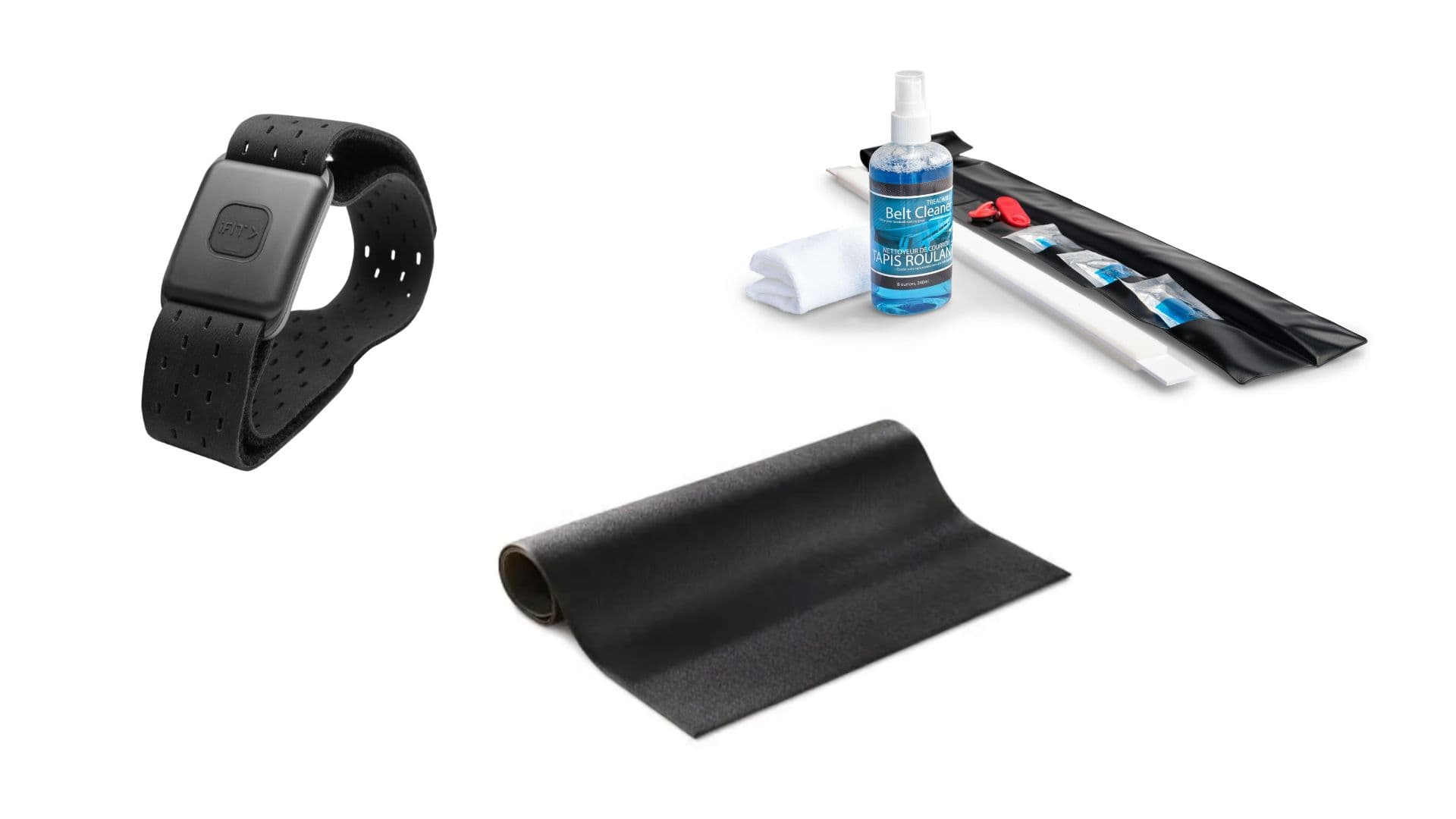 NordicTrack SmartBeat Heart Rate Monitor, Treadmill Maintenance Kit, and floor mat grouped together, wrapped with a gold bow.