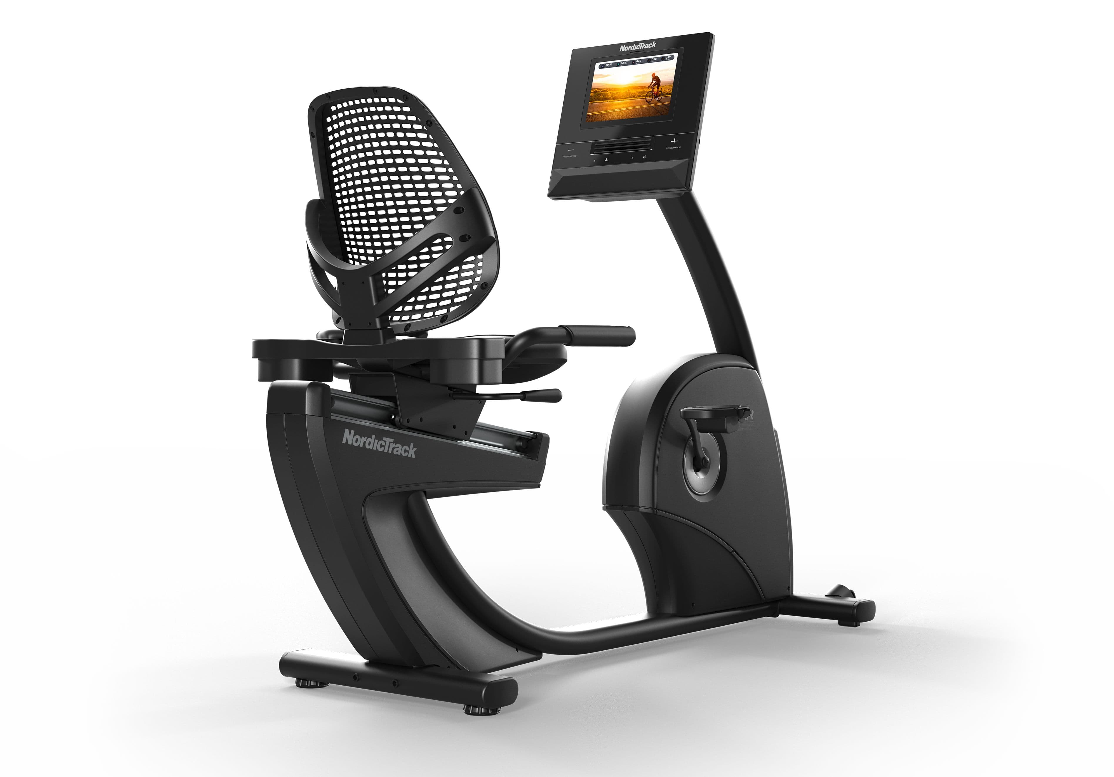 NordicTrack 10 Recumbent Bike with a reclined seat, wrapped with a gold bow.