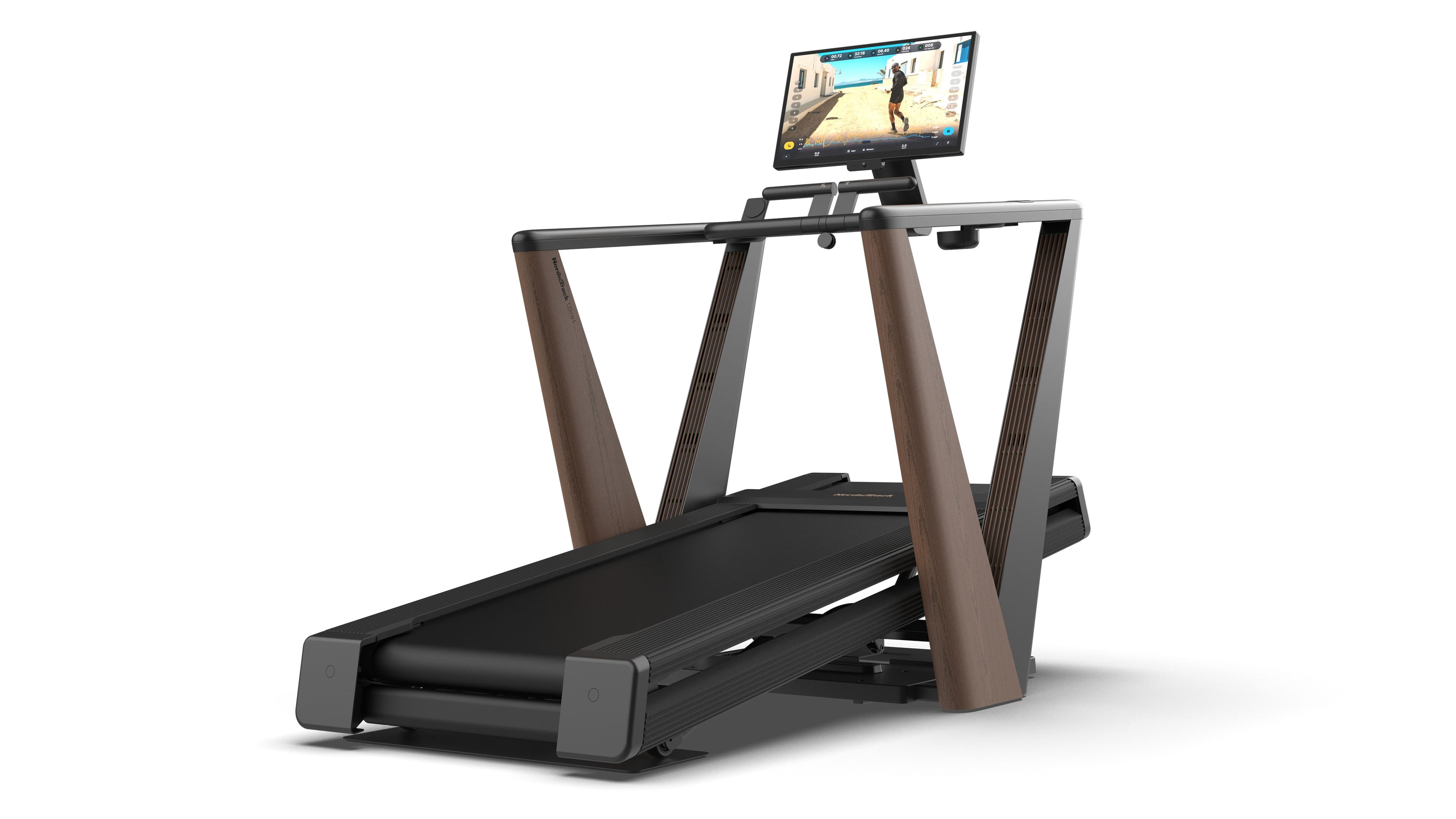 NordicTrack Ultra 1 Treadmill with white oak uprights and brass accents, wrapped with a gold bow.