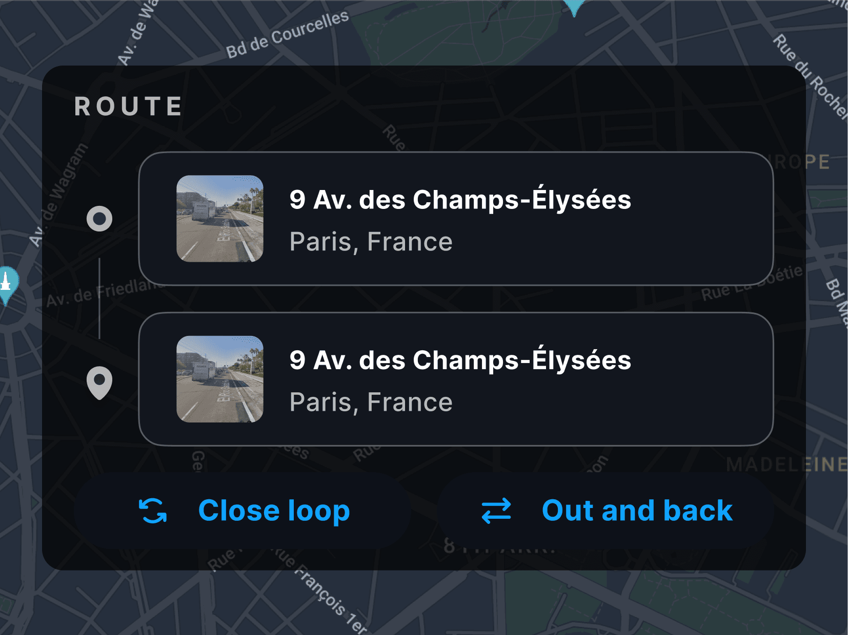 Map interface showing a custom route drawn between two points in Paris, France