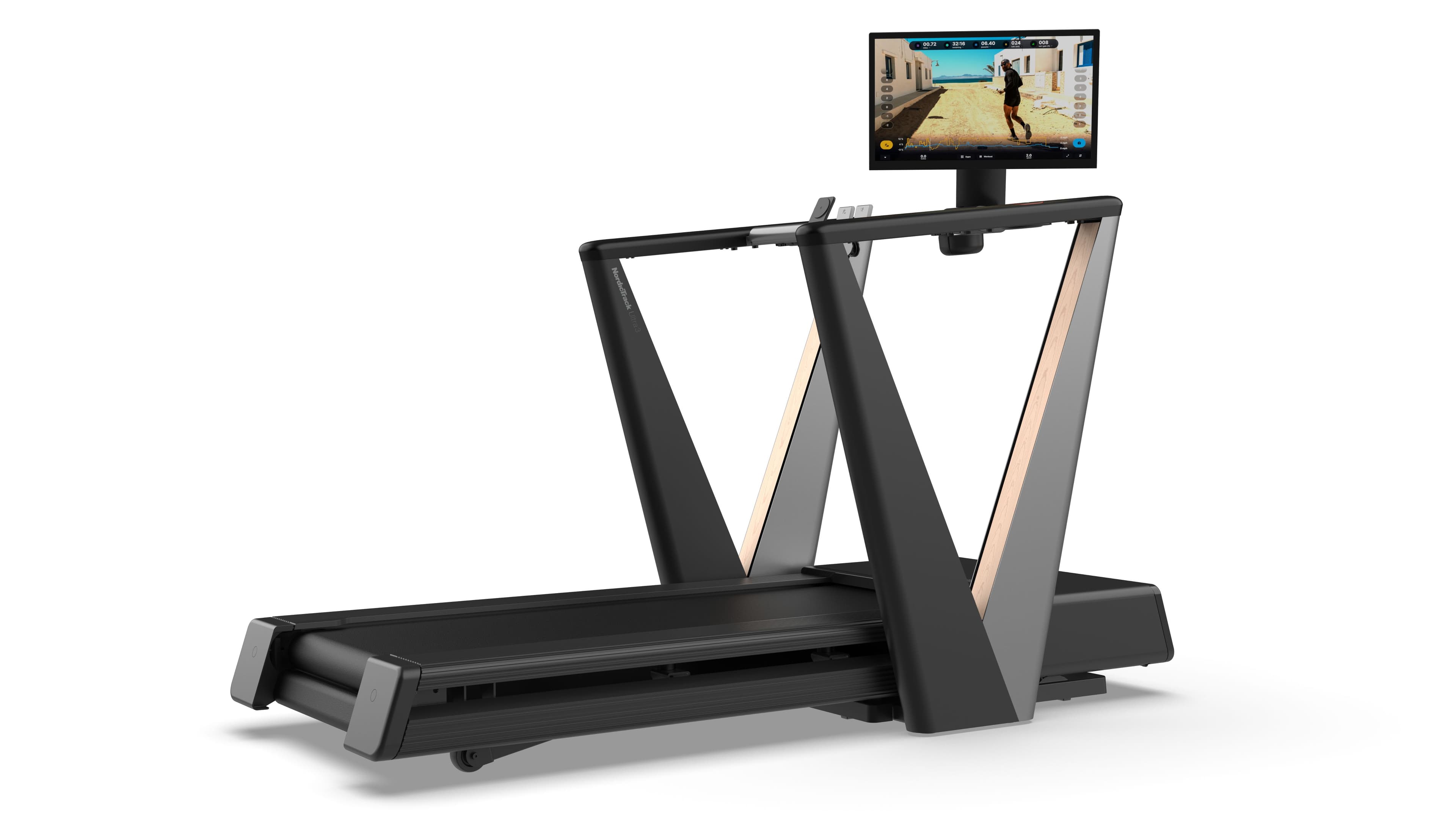 NordicTrack Ultra 3 Treadmill with its sculpted V-frame design and HD touchscreen, wrapped with a gold bow.