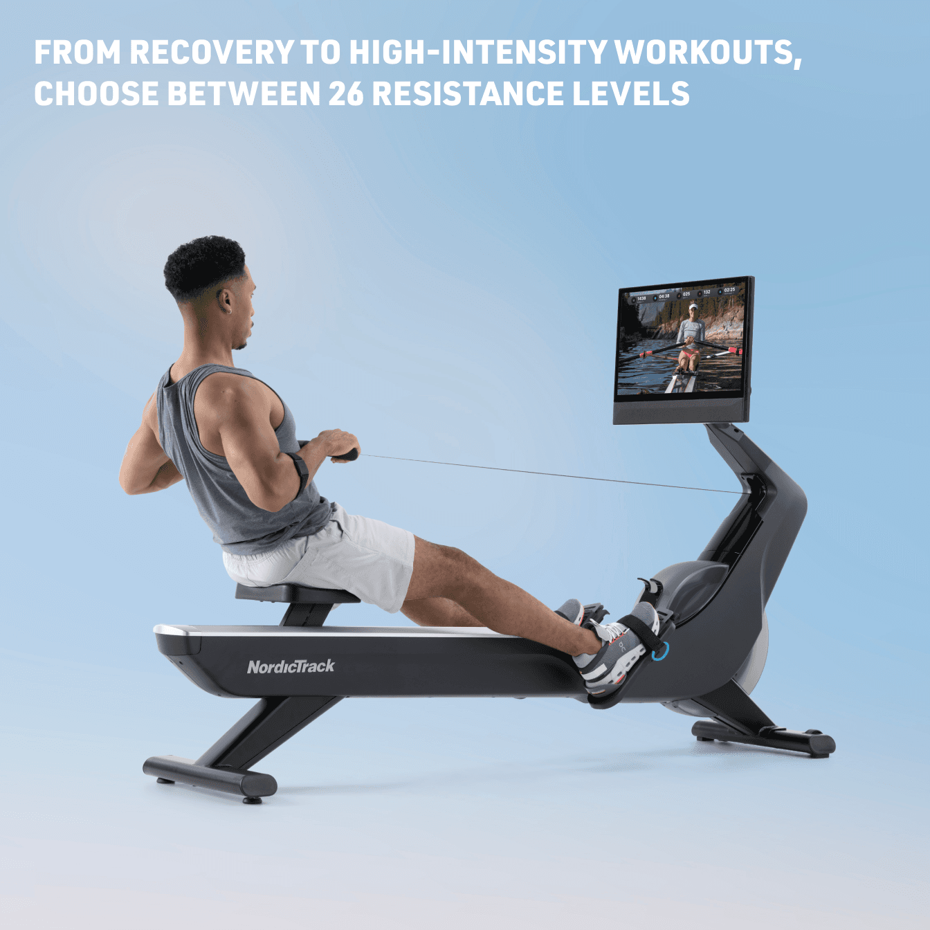 A close shot of the Commercial 2450 Treadmill's 24" touchscreen featuring winter workout content.