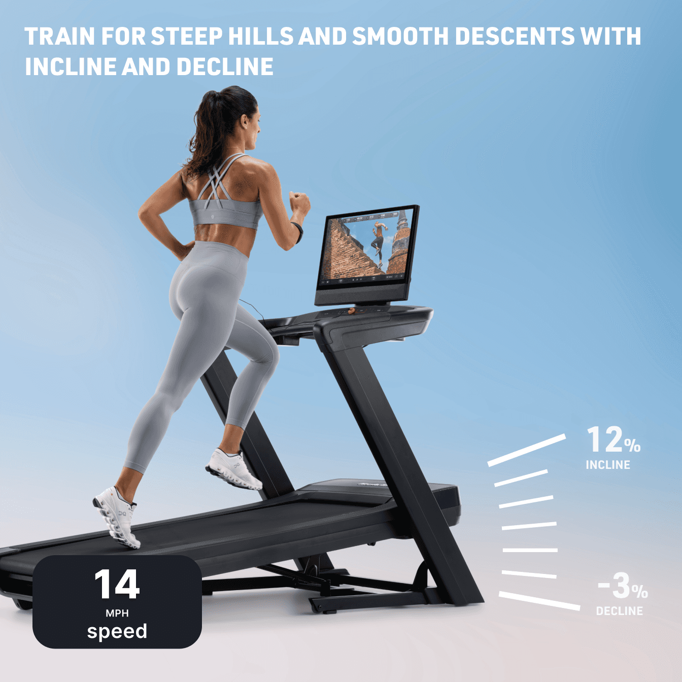 A woman in blue tank top and blue leggings running on the Commercial 2450 Treadmill with graphics showcasing its 12% incline to -3% decline.