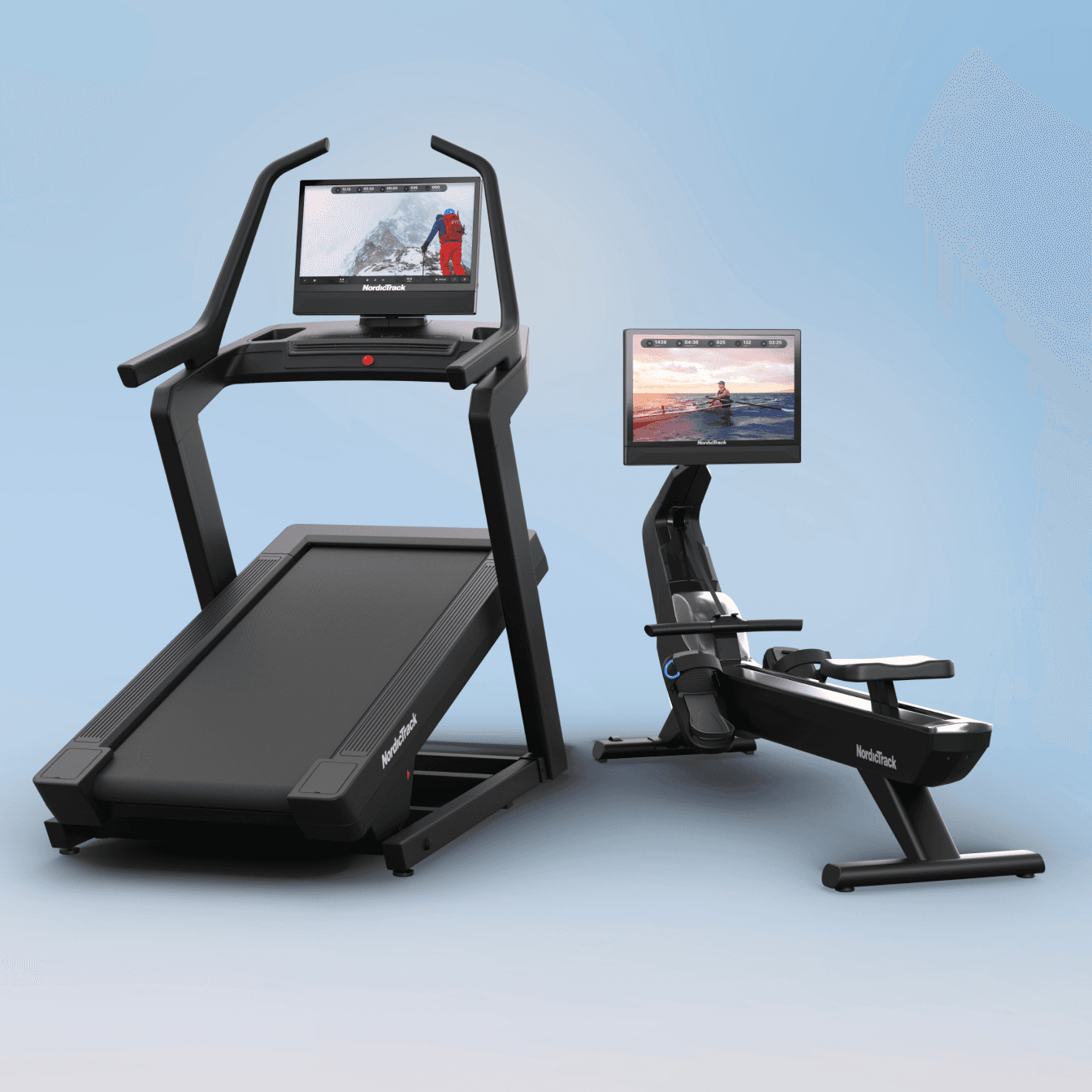 The X24 Treadmill sitting side by side the RW900 Rower on a blue backdrop, featuring winter workouts on their touchscreens.