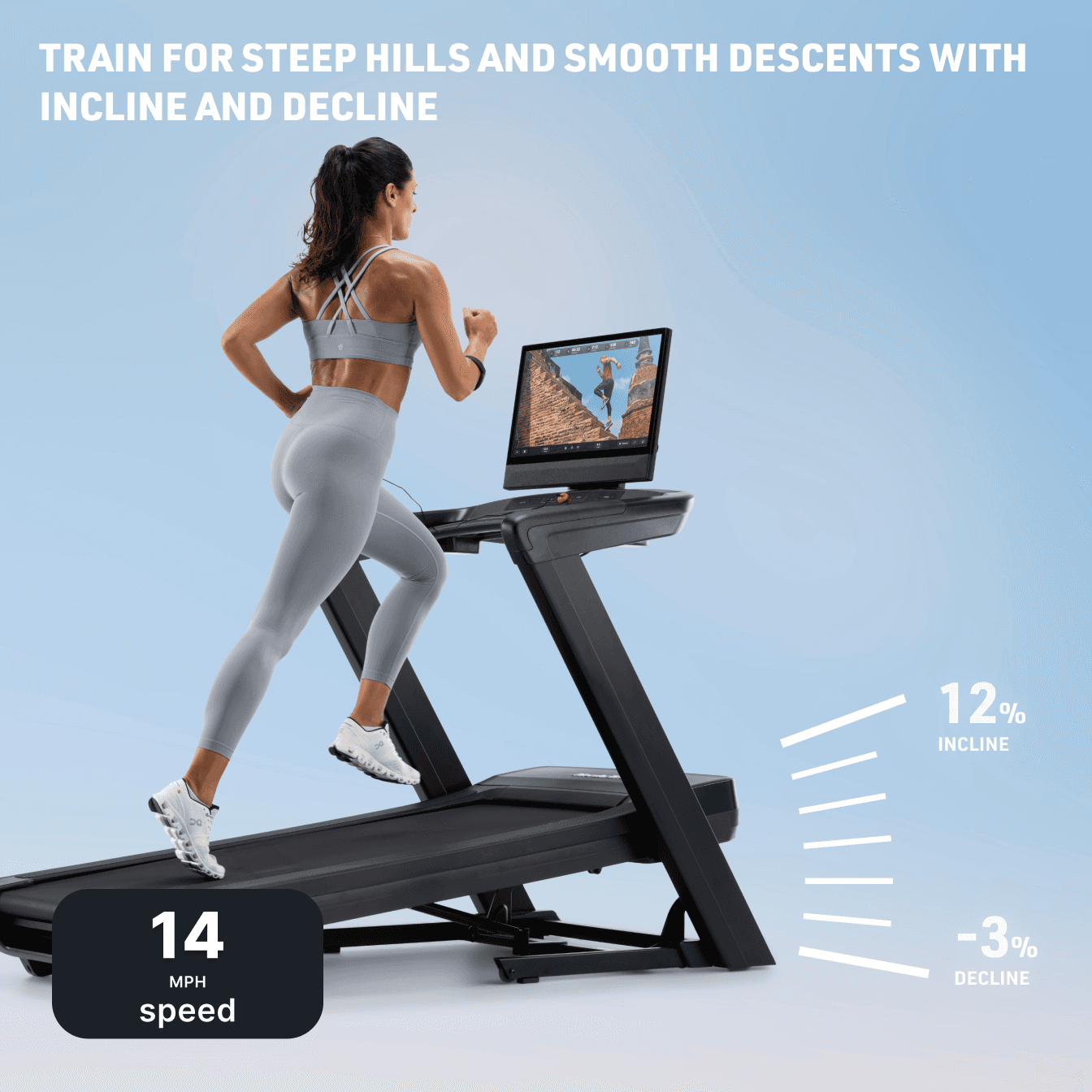 A woman in a light blue sports bra and leggings runs on the Commercial 2450 treadmill with graphics showcasing its 12% incline to -3% decline.