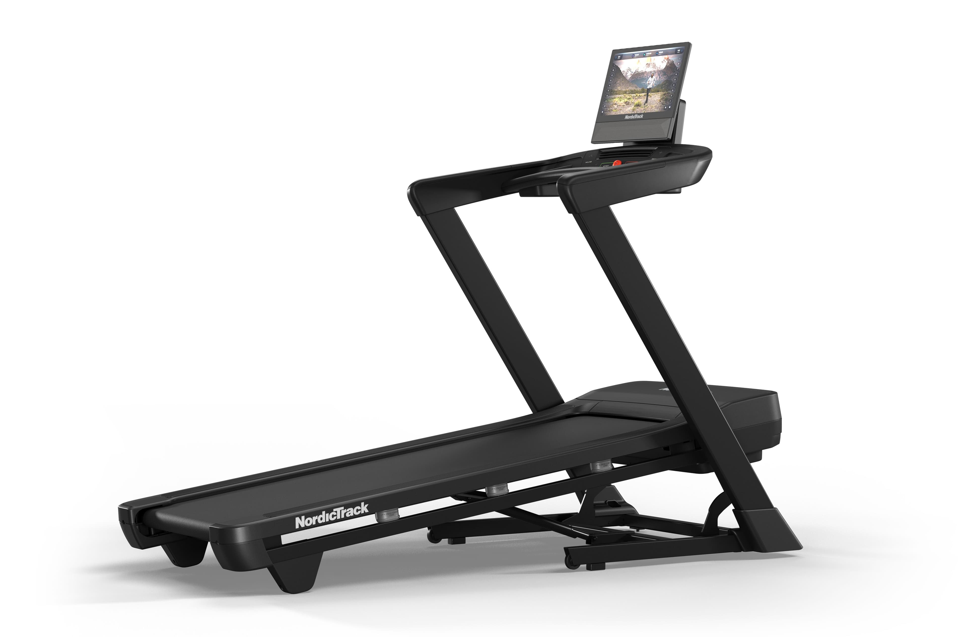 NordicTrack T Series 16 Treadmill at incline with 16-inch tilting HD touchscreen displaying an iFIT outdoor workout
