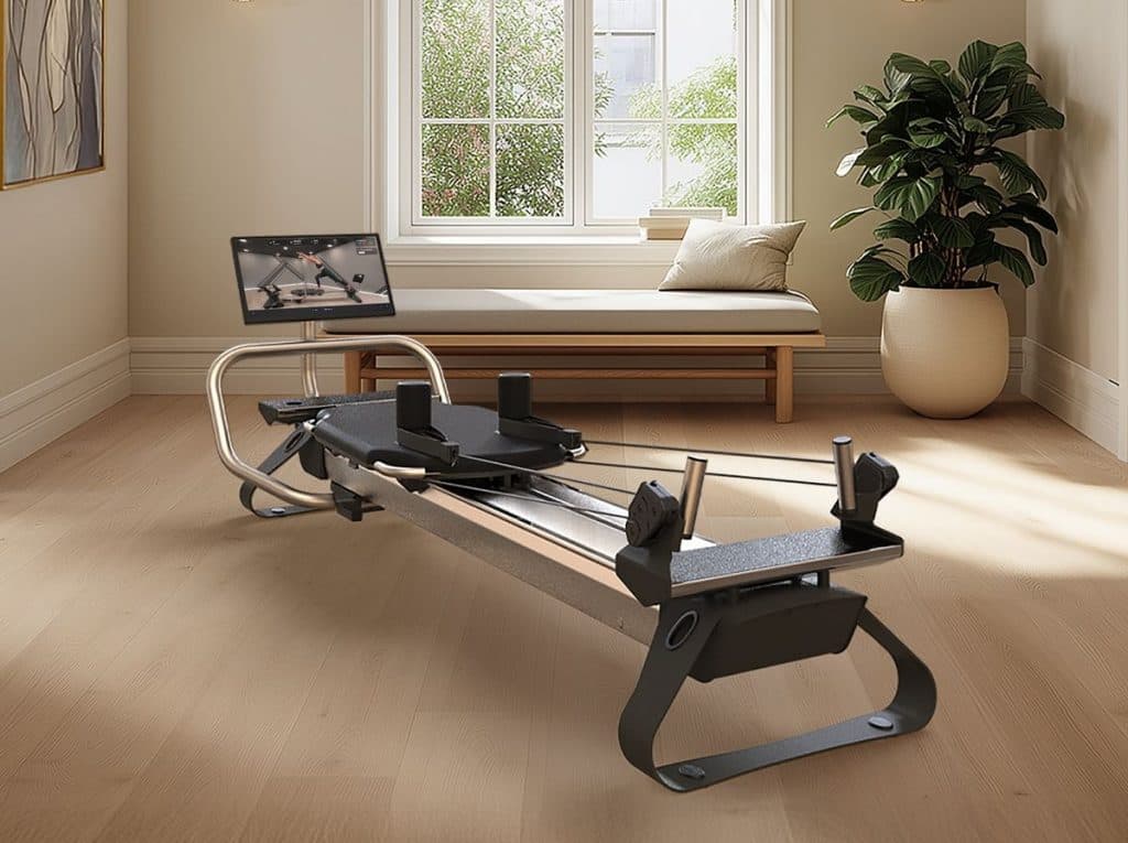The NordicTrack Ultra 1 Reform RX-S Pilates reformer displayed in a modern home setting, featuring a 24 inch HD touchscreen and studio-inspired design.